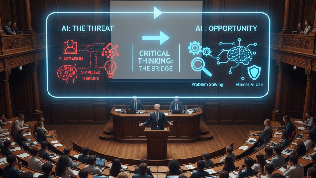 In a grand, tiered university lecture hall, a male professor stands at a podium addressing an audience of students, all working on laptops. Above them, a large holographic display illustrates a transformation: on the left, "AI: THE THREAT" is shown with icons for plagiarism and simplified thinking. In the middle, "CRITICAL THINKING: THE BRIDGE" connects to the right panel, "AI: OPPORTUNITY," which features icons for problem-solving and ethical AI use. Image (and typos) generated by Nano Banana.