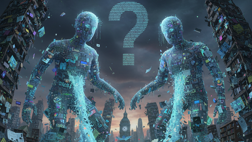 A dystopian cityscape is overwhelmed by two colossal, shimmering, humanoid figures made of digital circuits and data, symbolizing AI. From their bodies, a torrent of digital debris, fragmented text, and discarded knowledge cascades onto the streets below, where tiny human figures struggle amidst the intellectual "slop." A giant question mark made of text hovers in the sky, reflecting the central question. Image (and typos) generated by Nano Banana.