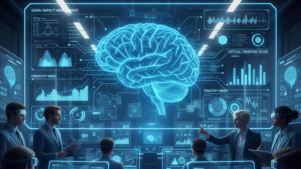 In a futuristic classroom or lab, a large holographic screen prominently displays a glowing human brain at its center, surrounded by various metrics like "GENAI IMPACT ASSESSMENT," "CREATIVITY INDEX," and "CRITICAL THINKING SCORE." Several individuals, some wearing VR/AR headsets, are engaged with individual holographic desks showing similar data, actively analyzing GenAI's effects on learning. Image (and typos) generated by Nano Banana.