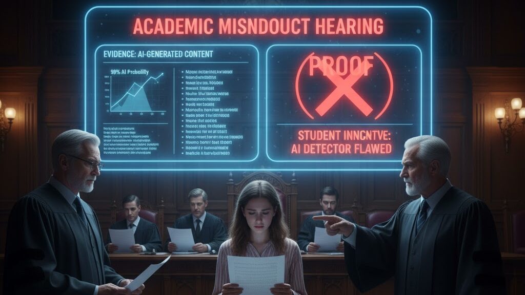 In a solemn academic hearing room, reminiscent of a courtroom, a distressed female student stands before a panel of university officials in robes, holding a document. A large holographic screen above displays "ACADEMIC MISCONDUCT HEARING." On the left, "EVIDENCE: AI-GENERATED CONTENT" shows a graph of AI probability, while on the right, a large red 'X' over "PROOF" is accompanied by text stating "STUDENT INNOCENT: AI DETECTOR FLAWED," highlighting a wrongful accusation. Image (and typos) generated by Nano Banana.