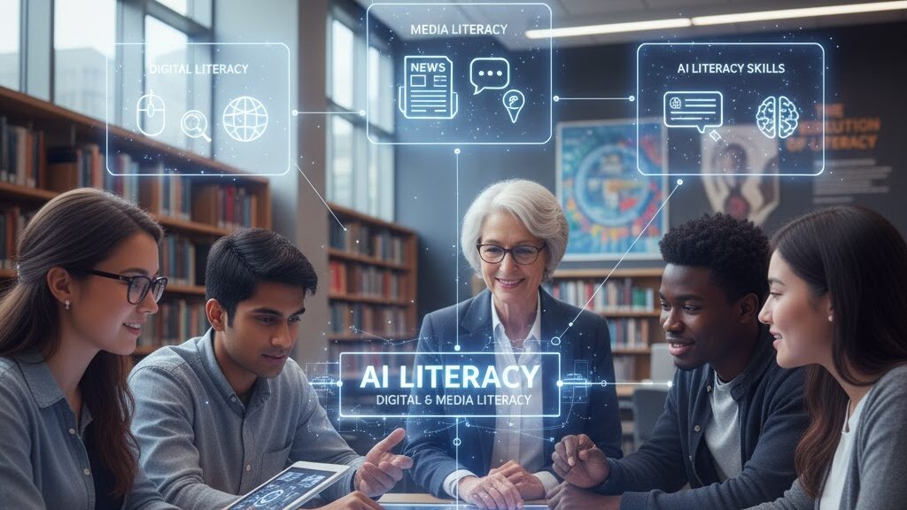 In a modern library setting, a diverse group of four students and a female professor are gathered around a glowing, interactive table displaying "AI LITERACY: DIGITAL & MEDIA LITERACY." Overhead, a holographic overlay connects "DIGITAL LITERACY," "MEDIA LITERACY" (with news icons), and "AI LITERACY SKILLS" (with brain and circuit icons), illustrating the interconnectedness of these competencies. Image (and typos) generated by Nano Banana.