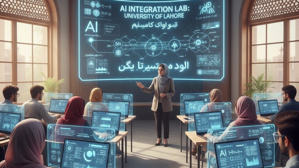 In a modern classroom in Pakistan with arched windows, a female professor wearing a hijab stands at the front, gesturing towards a large interactive screen that displays "AI INTEGRATION LAB: UNIVERSITY OF LAHORE" and various AI-related diagrams and Urdu text. Students, both male and female, many wearing hijabs, are seated at desks, actively working on laptops that also show glowing holographic AI interfaces. Image (and typos) generated by Nano Banana.