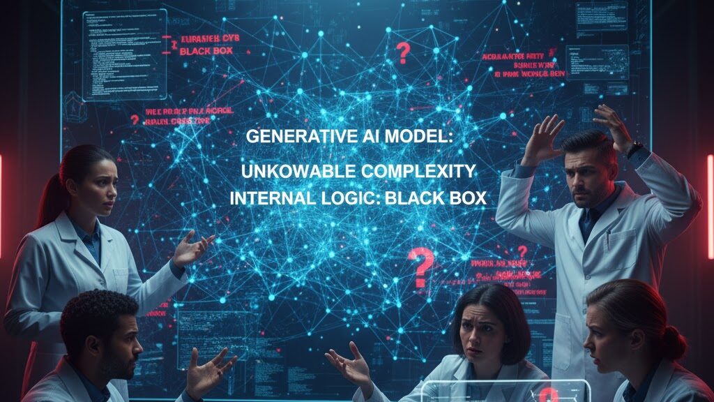 In a futuristic lab or control room, a diverse group of frustrated scientists and developers in lab coats are gathered around a table with laptops, gesturing in confusion. Behind them, a large holographic screen prominently displays "GENERATIVE AI MODEL: UNKNOWABLE COMPLEXITY, INTERNAL LOGIC: BLACK BOX" overlaid on a glowing neural network. Numerous red question marks and "ACCESS DENIED" messages highlight their inability to fully comprehend the AI's workings. Image (and typos) generated by Nano Banana.