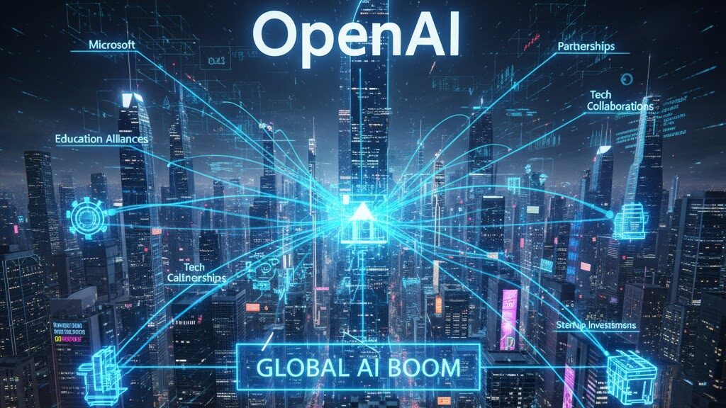 A high-angle, futuristic view of a sprawling metropolis at night, illuminated by glowing blue digital lines connecting various skyscrapers. At the center, "OpenAI" is prominently displayed, with the lines extending outwards to labels like "Microsoft," "Partnerships," "Education Alliances," and "Startup Investments," all converging to fuel a central "GLOBAL AI BOOM" graphic, illustrating OpenAI's extensive network. Image (and typos) generated by Nano Banana.