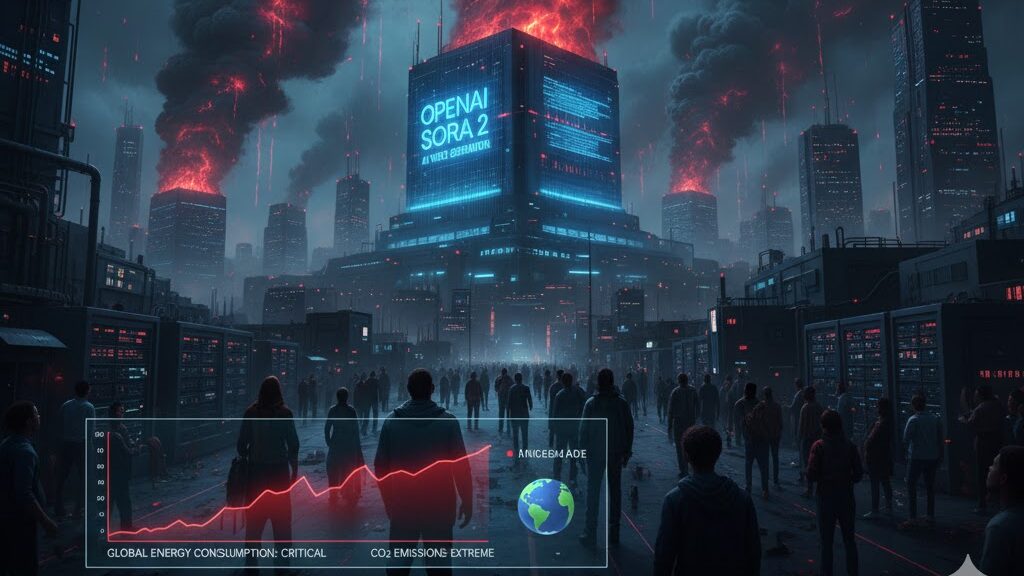 A dark, dystopian cityscape at night is dominated by towering data centers and skyscrapers, one of which prominently displays "OPENAI SORA 2" in glowing blue. Massive plumes of black and fiery red smoke billow from multiple buildings, symbolizing extreme environmental impact. A crowd of people looks on, while a holographic graph in the foreground shows "GLOBAL ENERGY CONSUMPTION: CRITICAL" and "CO2 EMISSIONS: EXTREME," with an icon of a distressed Earth. Image (and typos) generated by Nano Banana.
