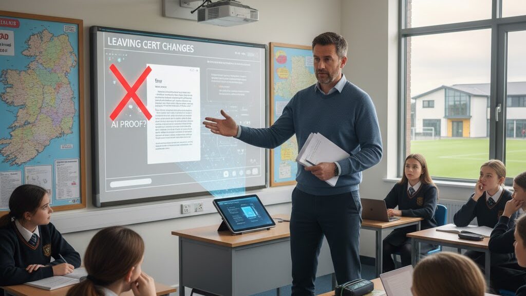 In a modern secondary school classroom, a male teacher stands at the front, holding papers and gesturing towards a large interactive screen. The screen displays "LEAVING CERT CHANGES" with a big red 'X' over a document and the question "AI PROOF?", indicating concerns about the new exam structure's vulnerability to AI. Students in school uniforms are seated at desks, attentively listening. Image (and typos) generated by Nano Banana.