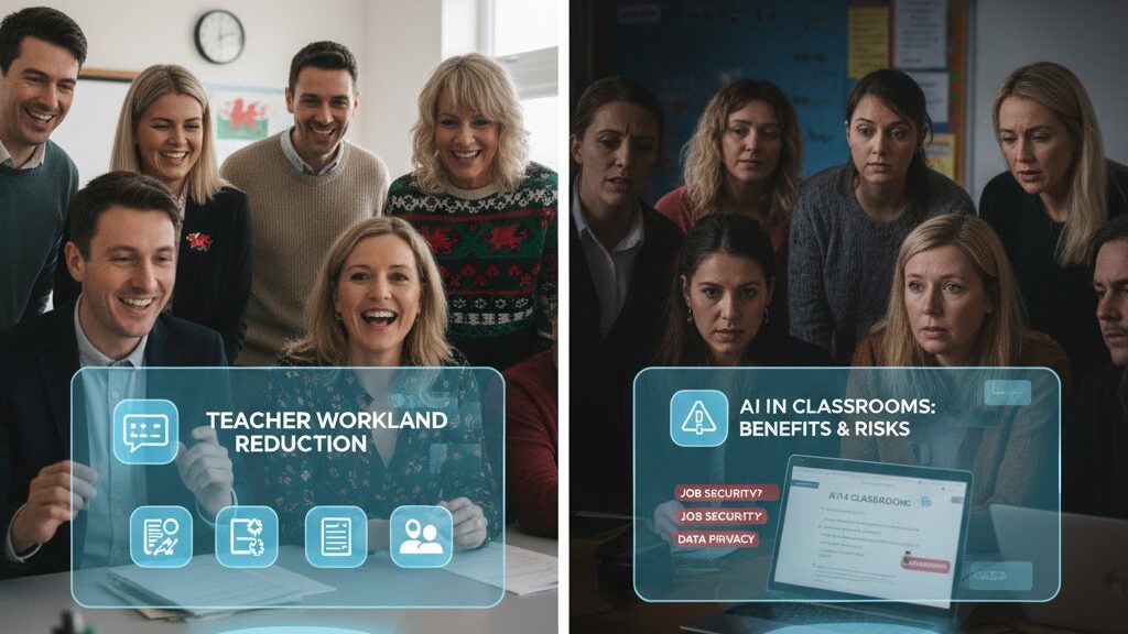 A split image contrasting two emotional responses to AI in Welsh schools. On the left, a group of smiling, happy teachers stands around a table with a glowing holographic display showing "TEACHER WORKLOAD REDUCTION" and icons representing administrative tasks, symbolizing excitement. On the right, a group of wary, concerned teachers huddle around a laptop displaying "AI IN CLASSROOMS: BENEFITS & RISKS," with text highlighting "JOB SECURITY?" and "DATA PRIVACY," reflecting their apprehension. The Welsh flag is visible in the background on the left. Image (and typos) generated by Nano Banana.