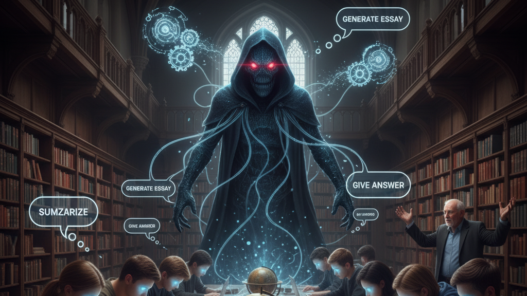 In a grand, traditional university library, a menacing, cloaked digital entity with glowing red eyes representing AI looms over a group of students seated at a long table, all intensely focused on laptops with glowing blue faces. Thought bubbles emanate from the AI, offering to "GENERATE ESSAY," "SUMMARIZE," and "GIVE ANSWER." In the background, a visibly frustrated professor gestures emphatically, observing the scene. Image (and typos) generated by Nano Banana.