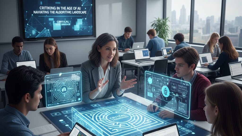 In a modern classroom overlooking a city skyline, a female teacher engages with a small group of students around a table. A glowing holographic maze labeled "CRITICAL THINKING" emanates from the tabletop, surrounded by various interactive data displays. In the background, other students work on laptops, and a large screen at the front displays "CRITICAL THINKING IN THE AGE OF AI: NAVIGATING THE ALGORITHMIC LANDSCAPE." Image (and typos) generated by Nano Banana.