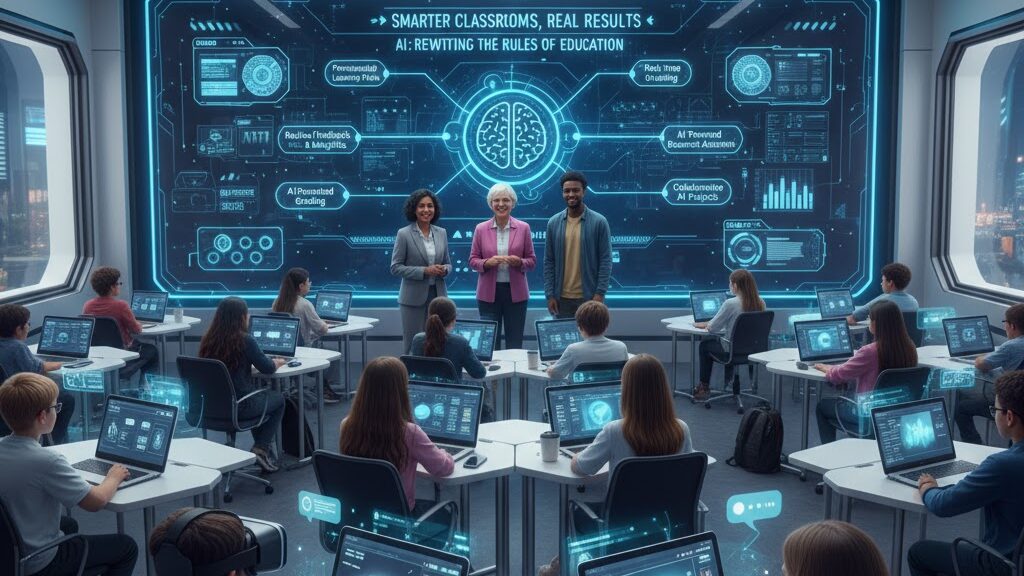 In a sleek, futuristic classroom filled with students using laptops and holographic interfaces, three educators (two female, one male) stand at the front, presenting to the class. A large, interactive screen prominently displays "SMARTER CLASSROOMS, REAL RESULTS: AI IS REWRITING THE RULES OF EDUCATION," featuring a central glowing brain icon surrounded by various AI applications like personalized learning paths, automated grading, and AI-powered assessment. Image (and typos) generated by Nano Banana.