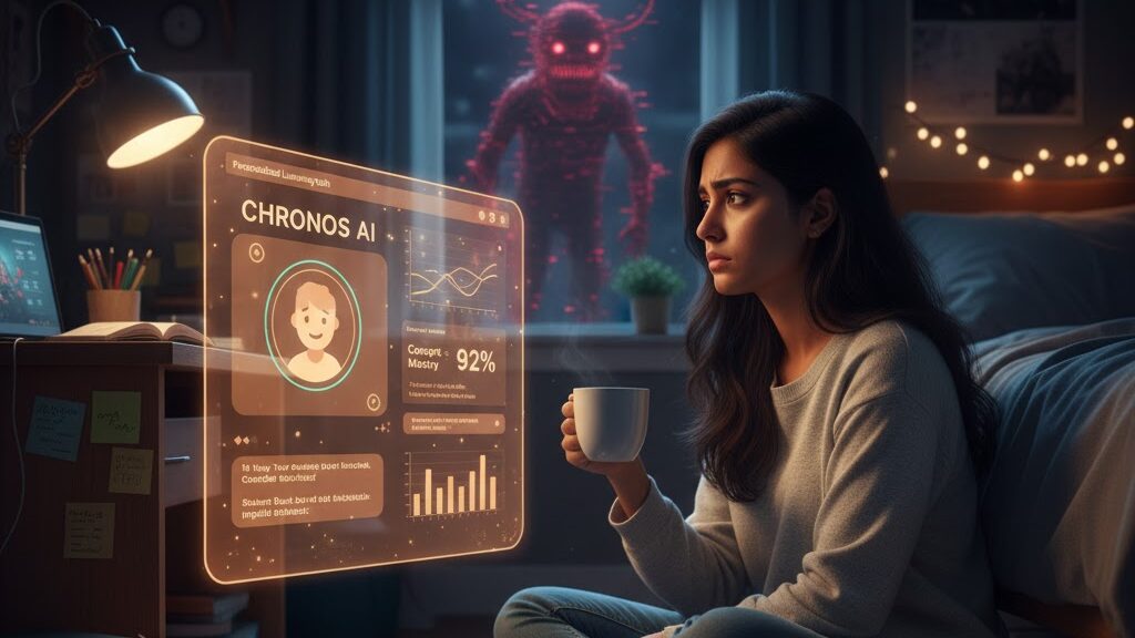 In a cozy, slightly cluttered student bedroom at night, a young female student sits on the floor with her laptop and books, looking pensively at a glowing holographic interface displaying "CHRONOS AI - Your Personal Learning Hub," showing a tutor avatar, progress, and various metrics. In the window behind her, a shadowy, horned monster with red eyes ominously peers in, symbolizing underlying concerns despite the AI's utility. Image (and typos) generated by Nano Banana.