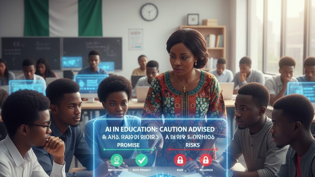 In a modern Nigerian classroom, a female teacher in traditional attire stands over a group of attentive students gathered around a table with laptops. A glowing holographic interface displays "AI IN EDUCATION: CAUTION ADVISED," with sections for "PROMISE" (showing benefits like efficiency) and "RISKS" (highlighting concerns such as bias, data privacy, and reliance) with corresponding checkmarks and X-marks. The Nigerian flag is visible in the background. Image (and typos) generated by Nano Banana.