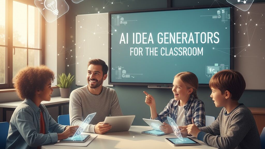 A diverse group of three elementary school children and one male teacher sitting around a table, actively engaged with tablets. Above them, a network of glowing AI-related icons (like a brain, speech bubble, robot, books, question mark, and a data network) floats, connected by lines, symbolizing idea generation. In the background, a large screen displays "AI IDEA GENERATORS FOR THE CLASSROOM." Image (and typos) generated by Nano Banana.