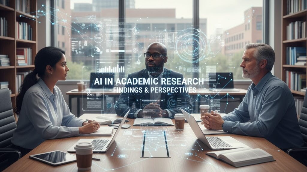 Three professors (one woman, two men) sit around a large polished conference table in a modern office with bookshelves in the background. They are engaged in a discussion, with open laptops, notebooks, and coffee cups in front of them. Overlaying the scene are glowing holographic data visualizations and graphs, with the words "AI IN ACADEMIC RESEARCH: FINDINGS & PERSPECTIVES" digitally projected in the center, representing the intersection of human intellect and artificial intelligence. Image (and typos) generated by Nano Banana.