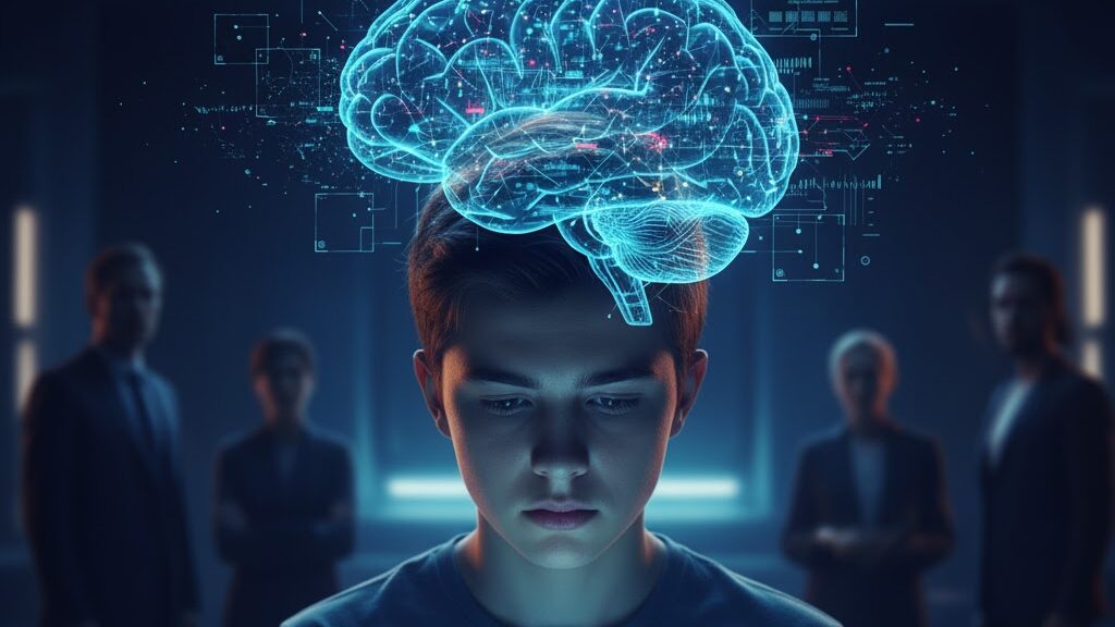 A focused teenage boy looks down at a glowing digital tablet displaying complex data. Above his head, a bright blue, intricate holographic representation of a human brain pulsates with interconnected data points and circuits, symbolizing the impact of technology. In the blurred background, several adult figures in professional attire stand, observing the scene, representing the "experts." Image (and typos) generated by Nano Banana.