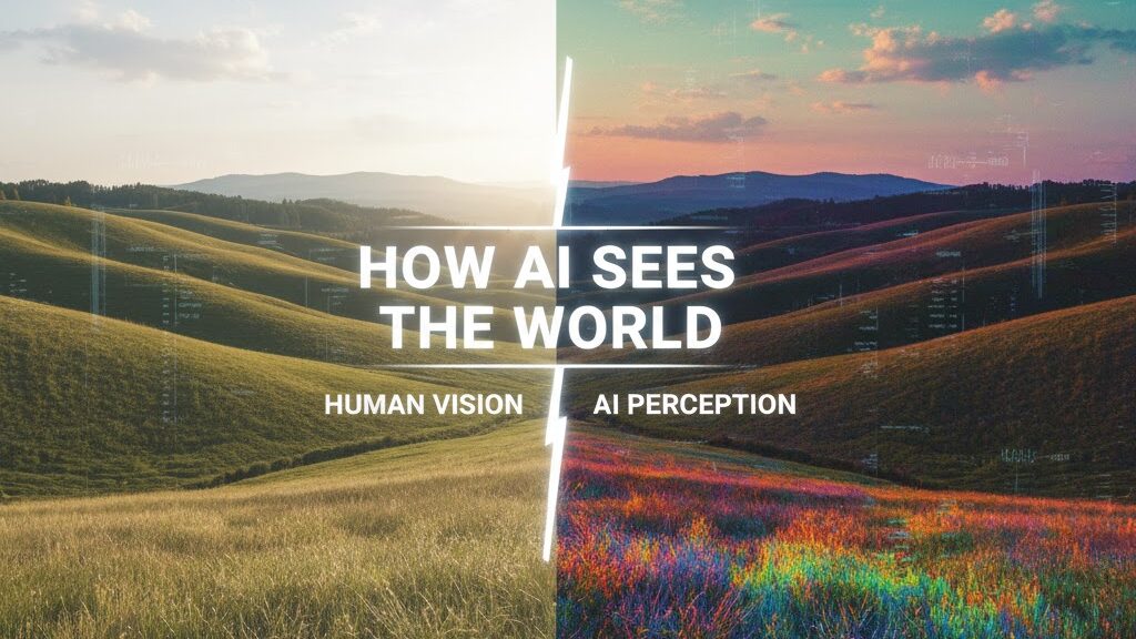 A split image of a rolling green landscape under a sky with clouds. The left side, labeled "HUMAN VISION," shows a natural, soft-lit scene with realistic colors. The right side, labeled "AI PERCEPTION," depicts the exact same landscape but with intensely saturated, almost neon, and unrealistic colors, particularly in the foreground grass which glows with a rainbow of hues. A stark, jagged white line divides the two halves, and subtle digital code overlays the AI side. The central text reads "HOW AI SEES THE WORLD." Image (and typos) generated by Nano Banana.