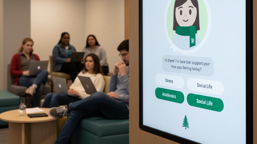 A close-up of a digital display screen showing a friendly AI chatbot interface titled "DARTMOUTH COMPANION." The chatbot has an avatar of a friendly character wearing a green scarf with the Dartmouth shield. Text bubbles read "Hi there! I'm here to support you. How you feeling today?" with clickable options like "Stress," "Social Life," and "Academics." In the blurred background, several college students are visible in a modern, comfortable common area, working on laptops and chatting, suggesting a campus environment. The Dartmouth logo (pine tree) is visible at the bottom of the screen. Image (and typos) generated by Nano Banana.