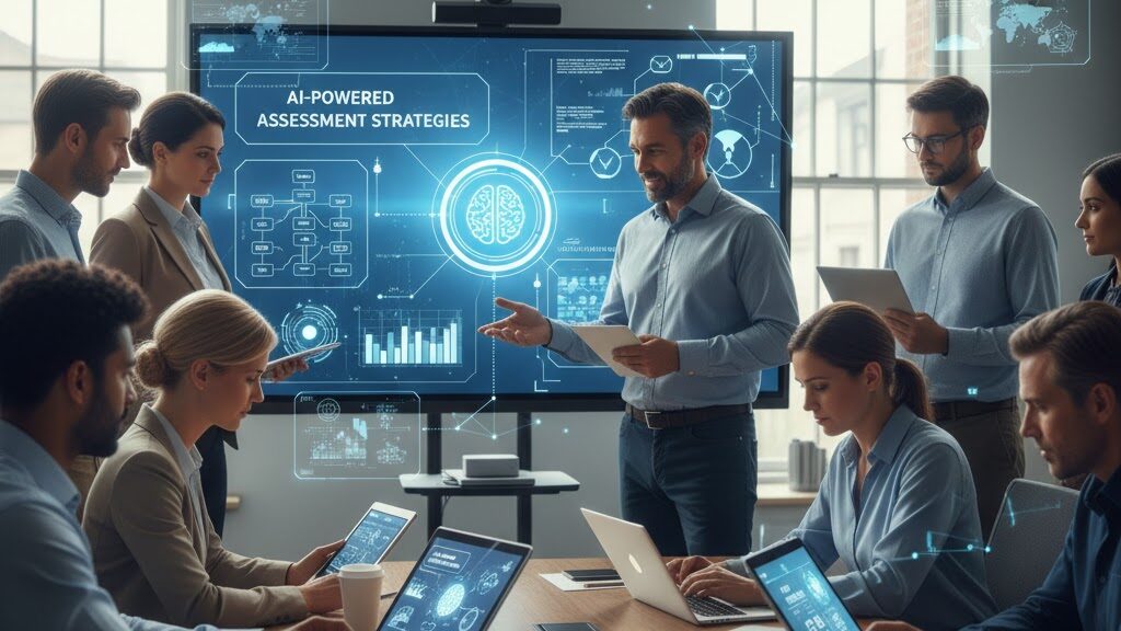A group of diverse lecturers and educators in a modern meeting room, actively participating in a training session. A male presenter stands in front of a large, interactive screen displaying "AI-POWERED ASSESSMENT STRATEGIES" and various glowing data visualizations, charts, and a central brain icon representing AI. Participants around a large table are engaged with laptops and tablets, with some looking towards the screen and others discussing amongst themselves. The overall atmosphere is collaborative and focused on learning new technologies. Image (and typos) generated by Nano Banana.