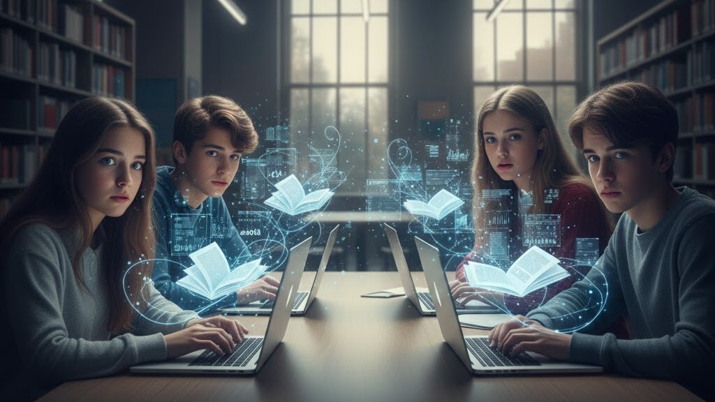 Four serious-looking teenage students (two boys, two girls) are seated across from each other at a long table in a library setting, each with an open laptop in front of them. Glowing, ethereal representations of open books made of data and digital information hover above their laptops, subtly connecting them to the screens. Their expressions convey concern and perhaps a touch of apprehension as they look directly at the viewer. The background features bookshelves, typical of a library or study area. Image (and typos) generated by Nano Banana.