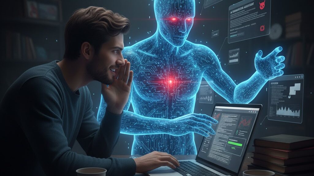 A smiling young man sits at a desk in a dimly lit room, whispering conspiratorially while looking at his laptop. Behind him, a glowing, translucent, humanoid AI figure with red eyes, composed of digital circuits, looms, offering a "PLAGIARISM ASSISTANT" interface with a devil emoji. The laptop screen displays content with suspiciously high completion rates, symbolizing AI's complicity in dishonesty. Image (and typos) generated by Nano Banana.
