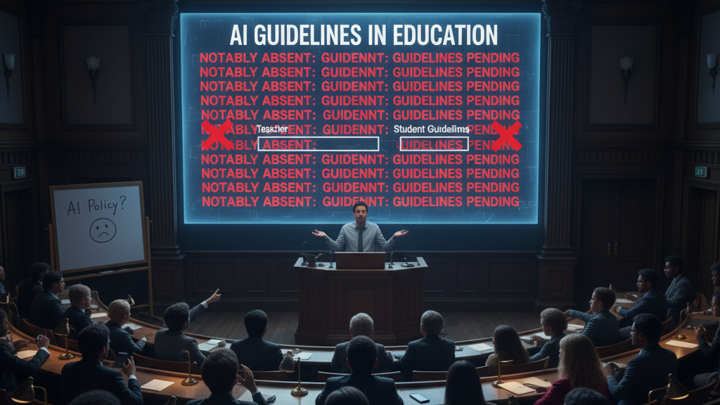 In a dimly lit, traditional lecture hall, a frustrated speaker stands at a podium addressing an audience. Behind him, a large screen prominently displays "AI GUIDELINES IN EDUCATION" with repeating red text emphasizing "NOTABLY ABSENT: GUIDELINES PENDING" and crossed-out sections for "Teacher Guidelines" and "Student Guidelines." A whiteboard to the side has a hand-drawn sad face next to "AI Policy?". Image (and typos) generated by Nano Banana.