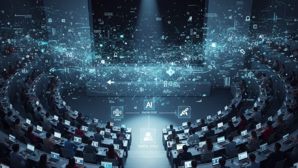 An aerial, wide shot of a large, circular university lecture hall filled with many students seated at desks, all looking towards a prominent stage and screen at the front. A powerful spotlight shines onto the empty stage. Above the students and emanating from the screen, a dense network of glowing digital lines, icons, and data points fills the air, representing AI and digital information. Below the central spotlight, floating holographic icons labeled "AI KNOWLEDGE" and "DIGITAL SKILLS" are prominently displayed, emphasizing the core concepts. Image (and typos) generated by Nano Banana.
