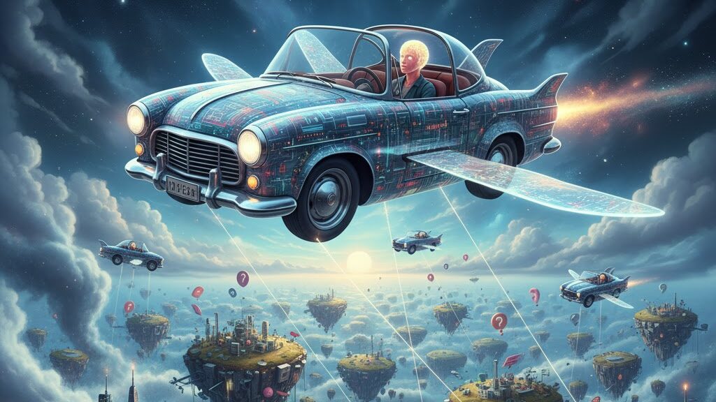 A retro-futuristic flying car, adorned with intricate circuit board patterns, soars through a starry night sky filled with clouds. A person with glowing eyes is at the wheel, looking forward with a determined expression. Below, numerous smaller flying cars navigate around a landscape of floating islands, each supporting miniature, dense cityscapes with landing pads. Question marks and subtle digital elements are scattered throughout the scene, symbolizing uncertainty and the challenge of managing this technology. Image (and typos) generated by Nano Banana.