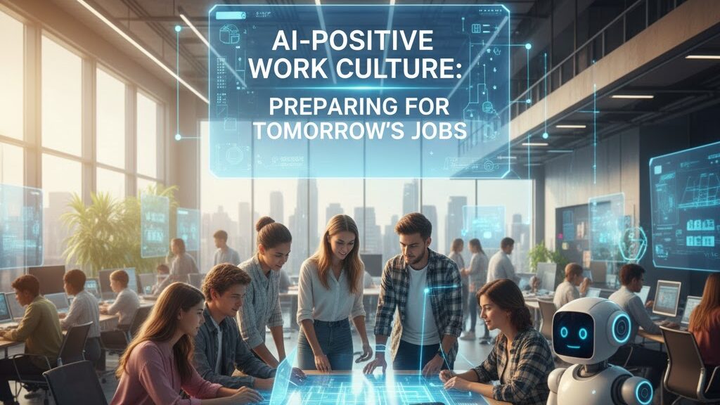 A vibrant, modern open-plan office setting, bustling with young professionals and students collaborating. In the foreground, a diverse group of five young adults is gathered around a table, intensely focused on glowing, interactive holographic projections emanating from the table surface, displaying data and digital interfaces. A friendly, white humanoid robot stands nearby, observing or assisting. In the background, other individuals are working at desks with computers, and various screens display data. Overlaid text reads "AI-POSITIVE WORK CULTURE: PREPARING FOR TOMORROW'S JOBS." Image (and typos) generated by Nano Banana.