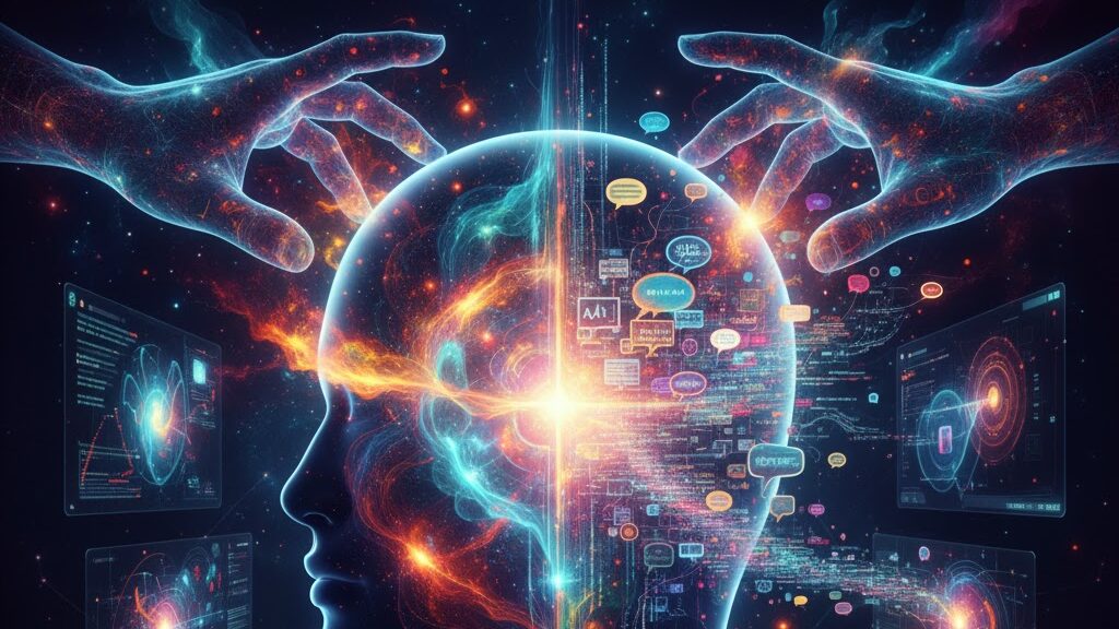 A glowing, ethereal blue silhouette of a human head and shoulders against a dark, starry background. Within the head, vibrant cosmic energy and swirling light converge, symbolizing thought and consciousness. From the head, streams of complex code, abstract data visualizations, and various speech bubbles with different languages and concepts flow outward, representing language and communication. Above the head, two pairs of translucent, glowing hands reach down, seemingly interacting with or guiding the processes. On either side, futuristic holographic interfaces display intricate data and neural networks. Image (and typos) generated by Nano Banana.