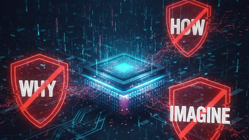 A glowing, futuristic central processing unit (CPU) or AI core, radiating blue light and surrounded by complex circuit board patterns. Three prominent red shield icons, each with a diagonal 'no' symbol crossing through it, are positioned around the core. Inside these shields are the words "WHY," "HOW," and "IMAGINE" in bold white text, signifying that these concepts are blocked or avoided. The overall background is dark and digital, with streams of binary code and data flowing. Image (and typos) generated by Nano Banana.