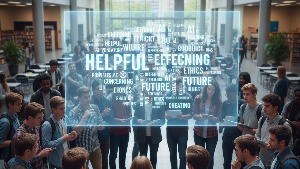 A diverse group of college students is gathered in a modern university library or common area, with some holding tablets or looking at laptops. Above them, a large, glowing word cloud hovers, filled with terms related to artificial intelligence and its impact. Prominent words include "HELPFUL," "FUTURE," "ETHICS," "CHEATING," "BIAS," and "CONCERNING," reflecting a range of student opinions. The overall impression is one of active discussion and varied perspectives on AI. Image (and typos) generated by Nano Banana.