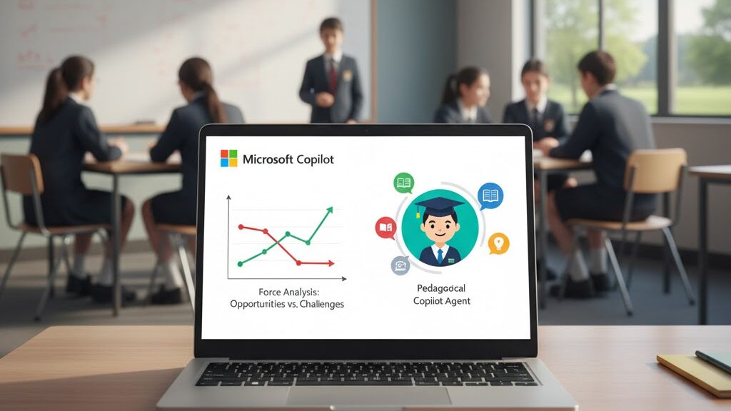A laptop displays a "Microsoft Copilot" interface with two main sections: "Force Analysis: Opportunities vs. Challenges" showing a line graph, and "Pedagogical Copilot Agent" with an icon representing a graduation cap, books, and other educational symbols. In the background, a blurred image of students in a secondary school classroom is visible. Image (and typos) generated by Nano Banana.
