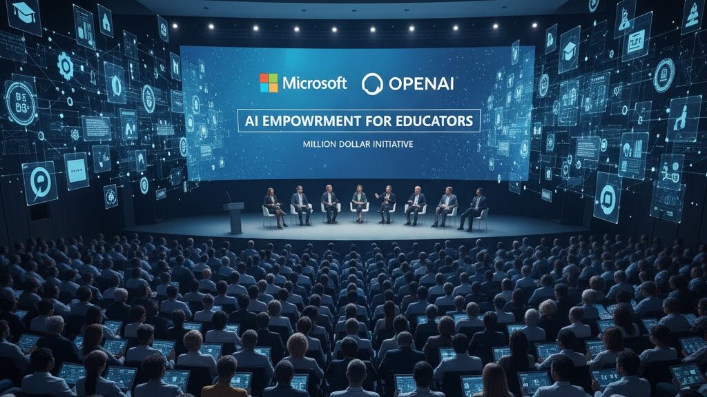 A vast, futuristic auditorium filled with hundreds of teachers, all seated and looking towards a large stage. Each teacher has a glowing tablet or laptop in front of them, displaying various digital interfaces and data. On the stage, a panel of six speakers is seated, addressing the audience. Behind them, a massive screen prominently displays the Microsoft and OpenAI logos side-by-side, with the text "AI EMPOWERMENT FOR EDUCATORS" and "MILLION DOLLAR INITIATIVE." The entire scene is bathed in a blue digital glow, and abstract data interfaces float around the screen and stage, emphasizing the technological theme. Image (and typos) generated by Nano Banana.