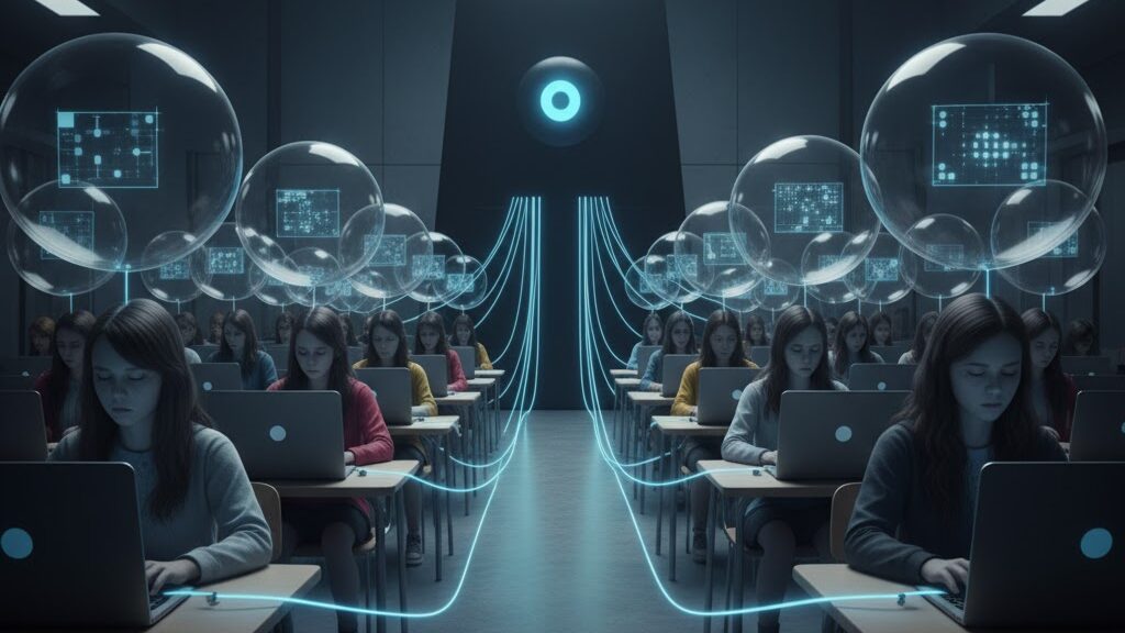 A dimly lit, futuristic classroom with rows of young students, predominantly girls, seated at individual desks, each intensely focused on an open laptop. Above each student's head, a clear, transparent bubble contains glowing digital circuitry and data, symbolizing ideas or creativity. These bubbles are connected by glowing blue lines that lead back to a large, imposing, glowing blue eye or orb on a dark monolith at the front of the classroom, suggesting a central AI influence. The students appear subdued and uniform. Image (and typos) generated by Nano Banana.