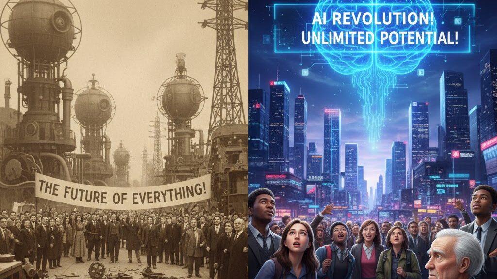 A split image contrasting two eras. On the left, a sepia-toned scene from 100 years ago shows a crowd enthusiastically gathered around industrial machinery and towering power lines, with a banner proclaiming "THE FUTURE OF EVERYTHING!" On the right, a vibrant, futuristic cityscape glows under a digital sky, where a diverse crowd looks up at a holographic brain symbol and text announcing "AI REVOLUTION! UNLIMITED POTENTIAL!". In the foreground, people interact with digital news showing "AI CRASHES" and "TECH LAYOFFS." Image (and typos) generated by Nano Banana.