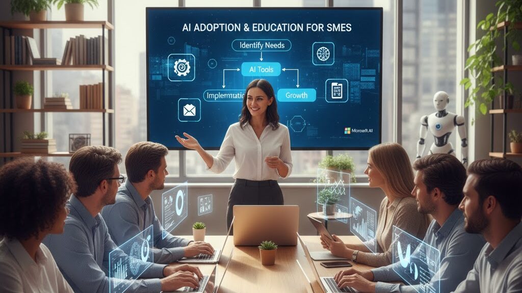 A female presenter stands at the head of a modern conference table, gesturing towards a large screen that displays a flowchart titled "AI ADOPTION & EDUCATION FOR SMEs." The flowchart outlines steps like "Identify Needs," "AI Tools," "Implement," and "Growth," with various icons representing different business functions. Around the table, a diverse group of seven professionals is seated, actively engaged with laptops. Holographic data visualizations and icons float above their desks, symbolizing the integration of AI. A humanoid robot stands in the background to the right, emphasizing the AI theme. The room has large windows overlooking a city, and bookshelves line the walls. Image (and typos) generated by Nano Banana.