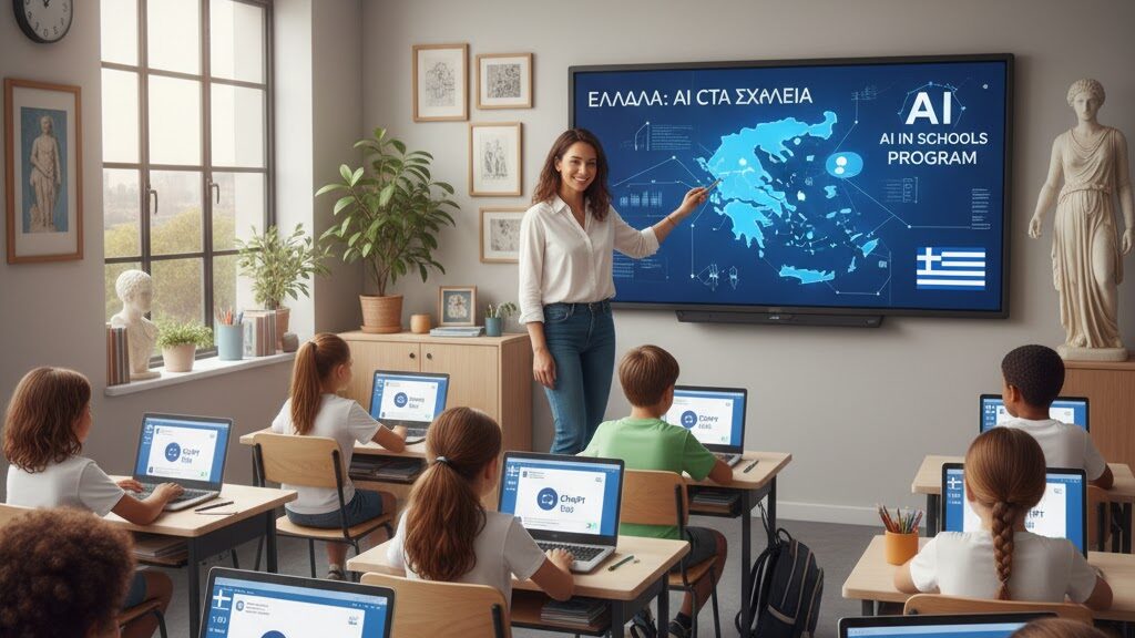 A bright and modern elementary school classroom where a female teacher stands in front of a large digital screen, pointing at a map of Greece with an "AI IN SCHOOLS PROGRAM" logo. The screen also displays the Greek flag and "ΕΛΛΑΔΑ: AI ΣΤΑ ΣΧΟΛΕΙΑ" (Greece: AI in Schools). Rows of young students are seated at individual desks, each actively engaged with a laptop displaying the "ChatGPT Edu" interface. The classroom has large windows, plants, and classical artwork, blending traditional and modern educational elements. Image (and typos) generated by Nano Banana.