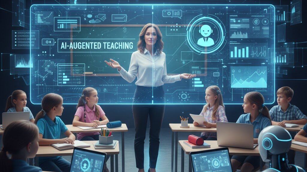 A female teacher stands confidently at the front of a modern classroom, gesturing towards a large, glowing holographic screen behind her that displays "AI-AUGMENTED TEACHING" along with various educational data, student profiles, and analytical charts. Rows of elementary school students are seated at desks, each engaged with a laptop. In the foreground to the right, a sleek, white humanoid robot is also seated at a desk, looking towards the teacher, symbolizing AI as a supportive tool rather than a replacement. The classroom is neat and well-lit. Image (and typos) generated by Nano Banana.