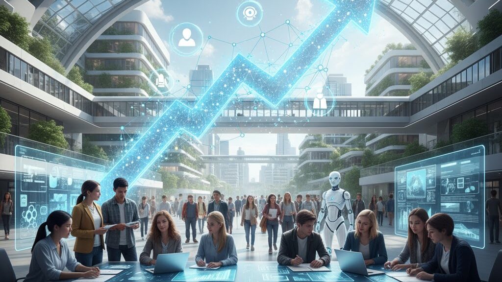 A vibrant and futuristic scene set within a modern, glass-roofed architectural complex that resembles a university campus or innovative workspace. In the foreground, a diverse group of students or young professionals are seated around a large table, interacting with glowing holographic interfaces projected onto the tabletop, showing data and digital connections. In the background, many people are walking, and a humanoid robot is visible. Dominating the scene is a massive, glowing blue upward-trending arrow, composed of interconnected digital lines and data points, symbolizing growth and opportunity. Image (and typos) generated by Nano Banana.