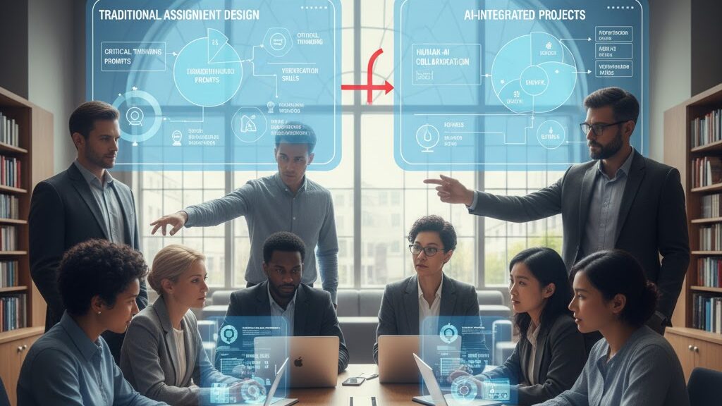 A diverse group of eight teachers or educators are gathered around a conference table in a modern library or academic setting, engaged in a discussion. Two male teachers stand and point at a large, glowing holographic display above the table, which is split into two sections: "TRADITIONAL ASSIGNMENT DESIGN" and "AI-INTEGRATED PROJECTS." Each section contains pie charts, diagrams, and keywords like "CRITICAL THINKING," "HUMAN-AI COLLABORATION," and "ETHICS," illustrating a shift in pedagogical approaches. A large red bracket and arrow point from the traditional to the AI-integrated section, symbolizing the transition. Other teachers at the table are working on laptops with glowing interfaces. Image (and typos) generated by Nano Banana.