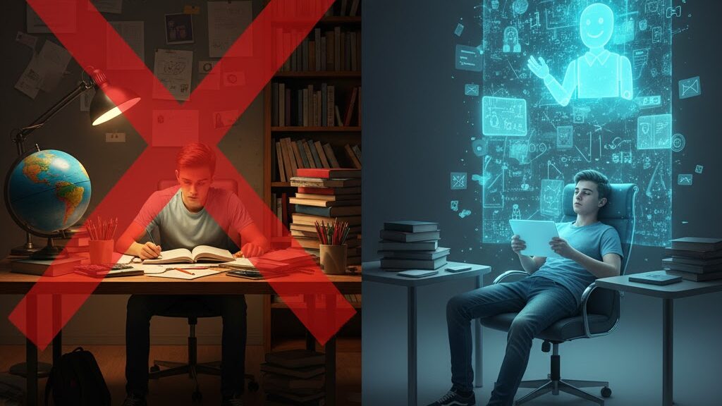A split image contrasting traditional homework with AI-influenced study. The left side shows a frustrated teenage boy sitting at a cluttered desk under a lamp, struggling with a textbook and papers, with a large red 'X' overlaid on him, signifying the traditional struggle. The background features a messy bulletin board and bookshelves. The right side shows the same boy relaxed in a modern, blue-lit setting, calmly using a tablet. Above his tablet, a friendly, glowing holographic AI tutor figure appears, surrounded by flowing data, equations, and digital interfaces, representing effortless, AI-assisted learning. Image (and typos) generated by Nano Banana.