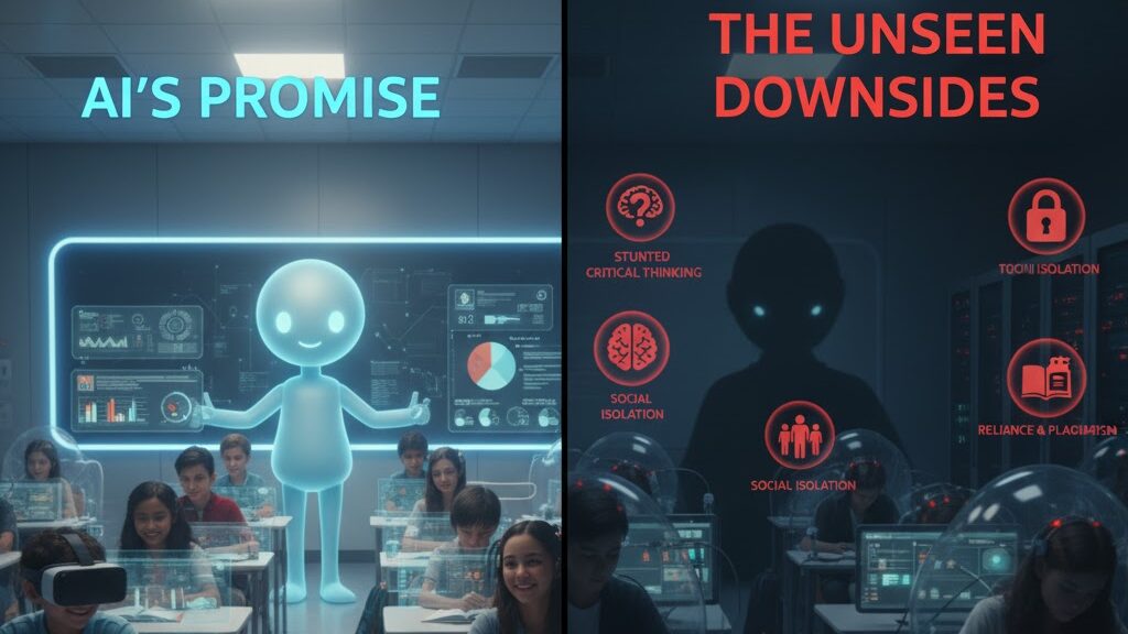 A split image contrasting the perceived benefits and actual drawbacks of AI in education. On the left, "AI'S PROMISE" depicts a bright, modern classroom where students happily engage with holographic AI interfaces and a friendly AI avatar. On the right, "THE UNSEEN DOWNSIDES" shows a darker, more isolated classroom where students are encapsulated in individual AI pods, surrounded by icons representing "STUNTED CRITICAL THINKING," "SOCIAL ISOLATION," and "RELIANCE & PLAGIARISM," with an ominous alien-like AI figure looming in the background. Image (and typos) generated by Nano Banana.