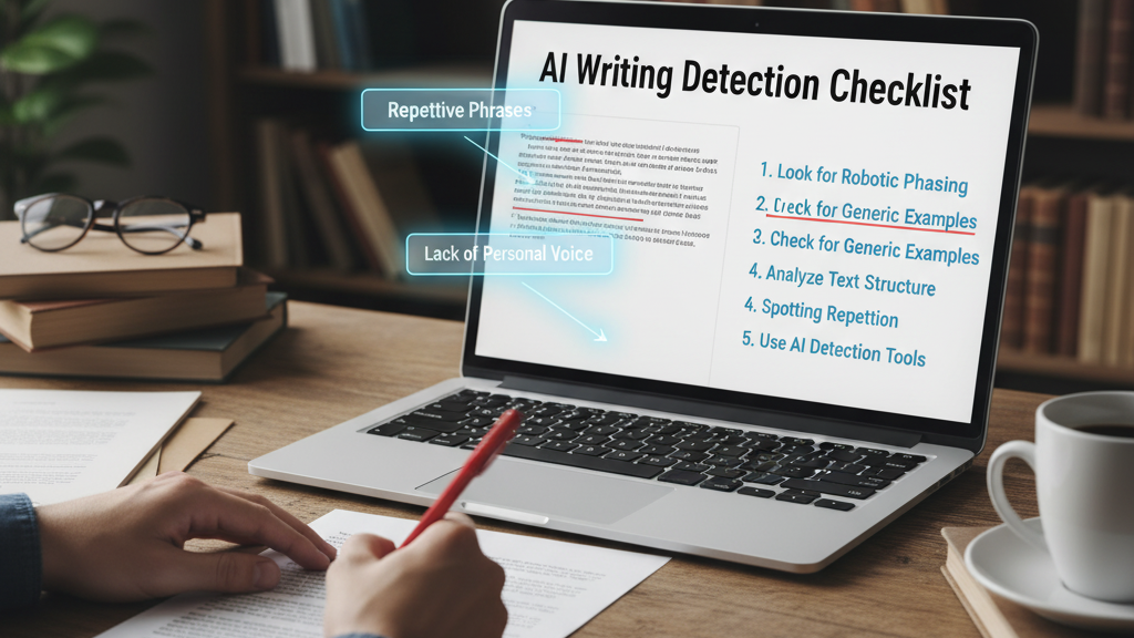 A person's hands are shown at a wooden desk, writing on a paper with a red pen. In front of them, a laptop displays an "AI Writing Detection Checklist" with tips like "Look for Robotic Phrasing," "Check for Generic Examples," and "Analyze Text Structure." Highlighted on the screen are examples of "Repetitive Phrases" and "Lack of Personal Voice," indicating common AI writing tells. A stack of books and a coffee cup are also on the desk. Image (and typos) generated by Nano Banana.