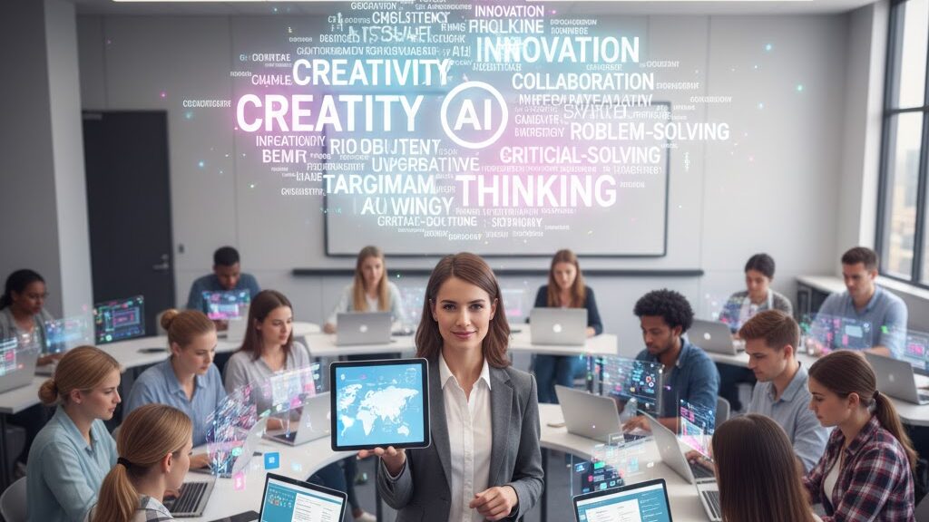 A confident female teacher stands at the center of a modern classroom, holding up a tablet that displays a world map, symbolizing global connection. She looks directly at the viewer with a slight smile. Around her, a diverse group of college-aged students are seated at collaborative tables, actively working on laptops that show glowing digital interfaces. Above the entire scene, a large, vibrant word cloud hovers, with prominent words like "CREATIVITY," "INNOVATION," "COLLABORATION," "CRITICAL THINKING," and "PROBLEM-SOLVING," all associated with AI and learning. The words are illuminated with a soft, energetic glow. Image (and typos) generated by Nano Banana.