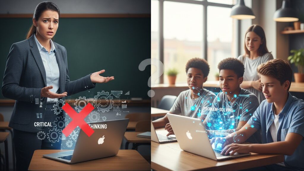 A split image contrasting teachers' concerns about AI with teenagers' perspectives. On the left, a worried female teacher stands in a traditional classroom, gesturing with open hands towards a laptop on a desk. A glowing red 'X' mark covers the words "CRITICAL THINKING" and gears/data on the laptop screen, symbolizing the perceived threat to cognitive skills. On the right, three engaged teenagers (two boys, one girl) are working collaboratively on laptops in a bright, modern setting. Glowing keywords like "PROBLEM-SOLVING," "INNOVATION," and "CREATIVITY" emanate from their screens, representing AI's perceived benefits. A large question mark is placed in the middle top of the image. Image (and typos) generated by Nano Banana.