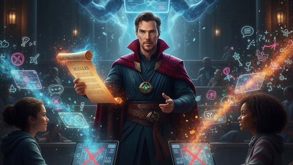 A stylized image featuring a character resembling Doctor Strange, dressed in his iconic attire, standing in a magical classroom setting. He holds up a glowing scroll labeled "SYLLABUS." In the foreground, two students (one Hispanic, one Black) are seated at a table, working on laptops that display a red 'X' over an AI-like interface, symbolizing mistrust of AI. Above Doctor Strange, a glowing, menacing AI entity with red eyes and outstretched arms hovers, presenting a digital screen, representing the seductive but potentially harmful nature of AI. Magical, glowing runes, symbols, and light effects fill the air around the students and the central figure, illustrating complex learning. Image (and typos) generated by Nano Banana.