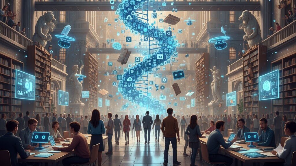 grand, expansive, and ornate university library or academic hall with high ceilings and classical architecture. In the center, a towering, swirling helix of glowing blue digital data, code, books, and educational icons rises dramatically, representing the transformative power of AI. Around the hall, students are seated at tables with glowing laptops, and many more students are walking and interacting. Holographic projections of famous busts and academic figures are subtly integrated into the scene. The entire environment is infused with a futuristic, digital glow. Image (and typos) generated by Nano Banana.