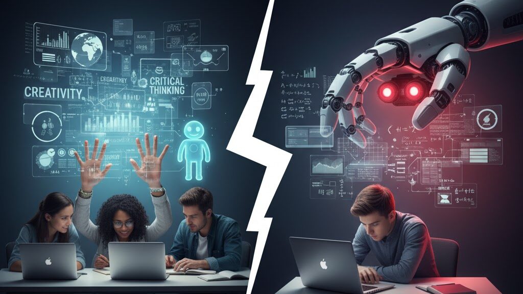 A stark split image contrasting two outcomes of AI in education, divided by a jagged white lightning bolt. The left side shows a diverse group of three enthusiastic students working collaboratively on laptops, with one student raising their hands in excitement. Above them, a vibrant, glowing display of keywords like "CRITICAL THINKING," "CREATIVITY," and "COLLABORATION" emanates, surrounded by data and positive learning metrics. The right side shows a lone, somewhat disengaged male student working on a laptop, with a large, menacing robotic hand hovering above him. The robot hand has glowing red lights and is connected to a screen filled with complex, auto-generated data, symbolizing the automation of tasks and potential loss of human skills. Image (and typos) generated by Nano Banana.