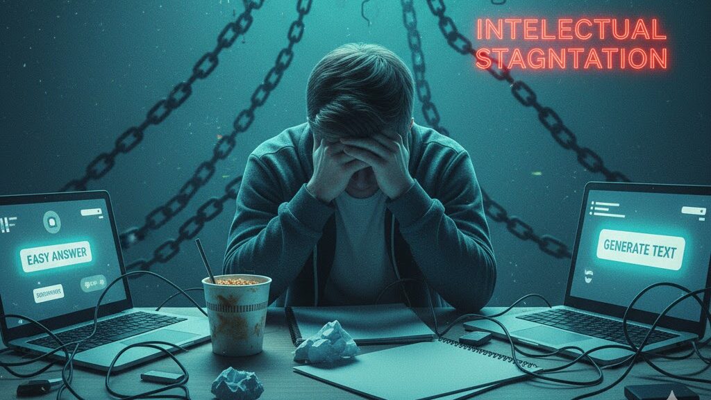 ALT Text: A distressed student sits at a desk with their head in their hands, surrounded by laptops displaying AI interfaces. Labeled "INTELLECTUAL STAGNATION." Image (and typos) generated by Nano Banana.