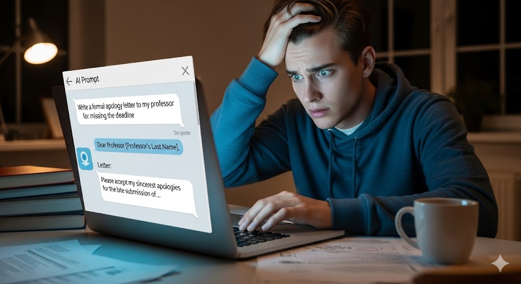 A distressed university student in a dimly lit room is staring intently at a laptop screen, which displays an AI chat interface generating a formal apology letter to their professor for a late submission. Image (and typos) generated by Nano Banana.